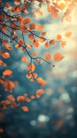Amber leaves drifting in soft bokeh-swept forest light.