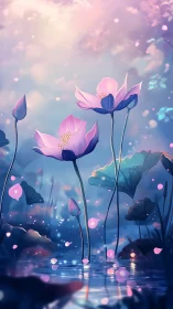 Bioluminescent lotus blossoms over reflective twilight pond