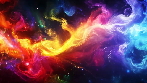 Vivid swirling nebula of multicolored light in deep space