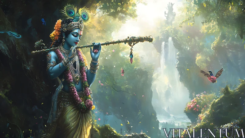 Blue flute-bearer serenades a luminous waterfall jungle.