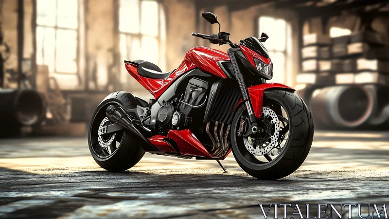 Red sport motorcycle render in industrial style garage.