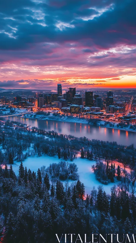Winter city skyline glows beneath vivid sunset clouds.