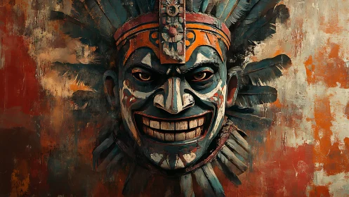 Painted tribal mask with feathers on textured background.