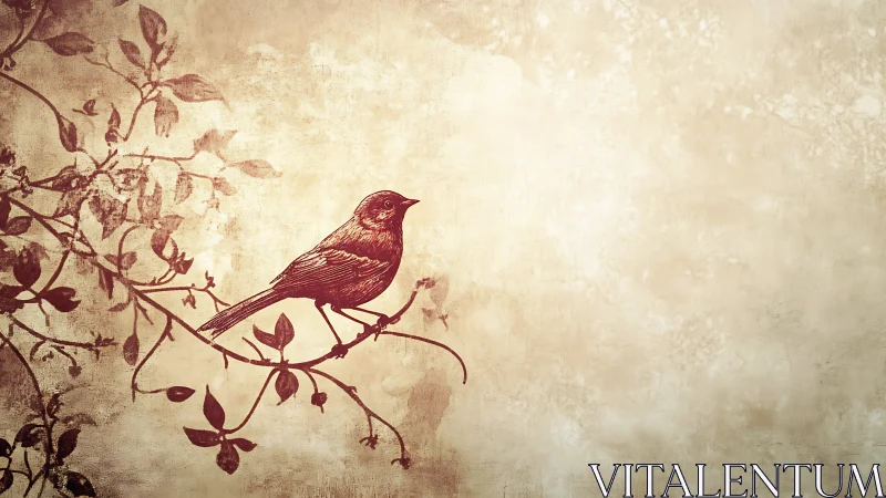 Quiet songbird rests on a leafy branch in warm sepia tones