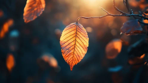 Autumn leaf in golden sunlight, dreamy bokeh nature photography.