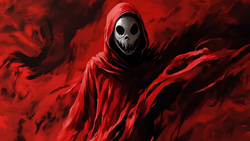 Red spectral reaper draped in torn cloak amid turbulent brushstrokes