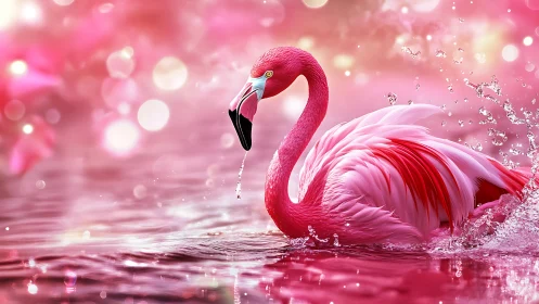 Digital flamingo render moves through pink reflective water