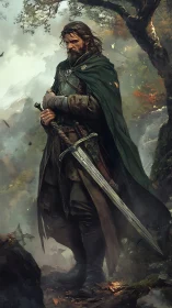 Weathered ranger pauses as his sword remembers old wars