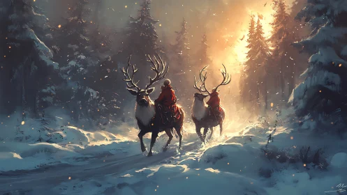 Winter riders cross a glowing forest path at dawn