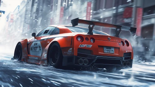 Aerodynamic GT racer drifting through wet urban streetscape.