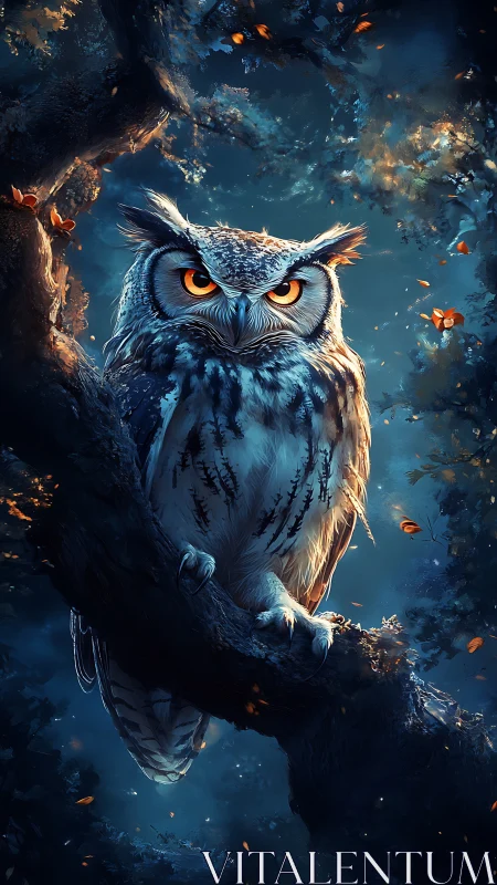 Majestic owl watches over a glowing enchanted forest night.