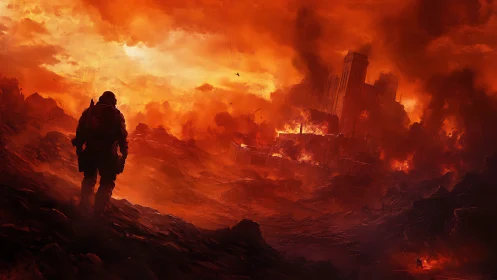 Solitary armored recon operative in incendiary urban ruinscape.