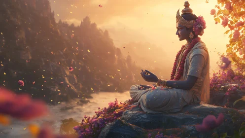 Serene divine figure meditates beside glowing river valley