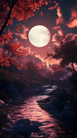 Lunar-illuminated river reflects crimson foliage and cloud halo