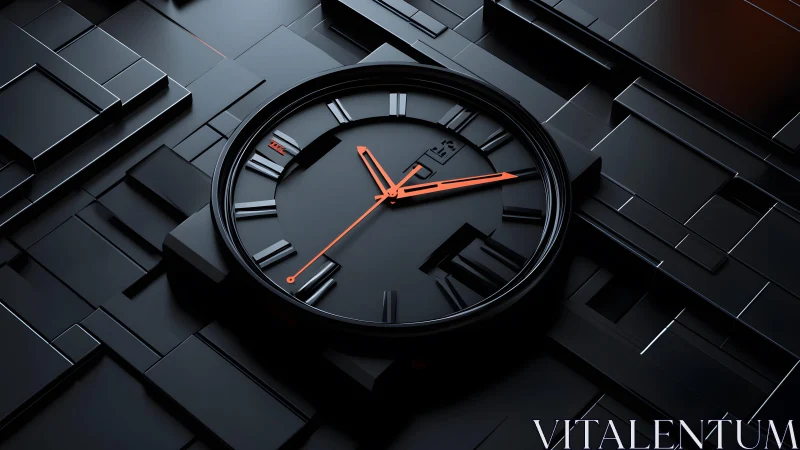 Modern black wall clock with orange hands on geometric 3D background.