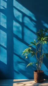Window-cast lattice shadows and potted foliage on blue wall.