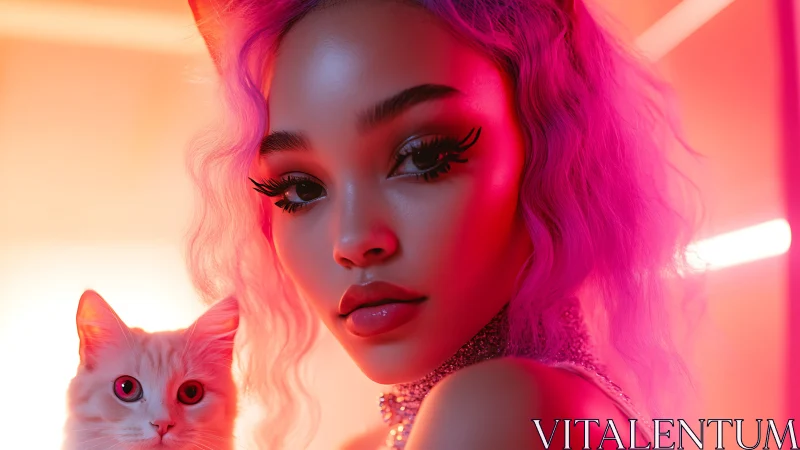 Neon-lit portrait of glam model with pastel cat companion.