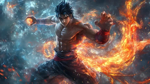 Fiery martial artist channels elemental energy in dynamic stance