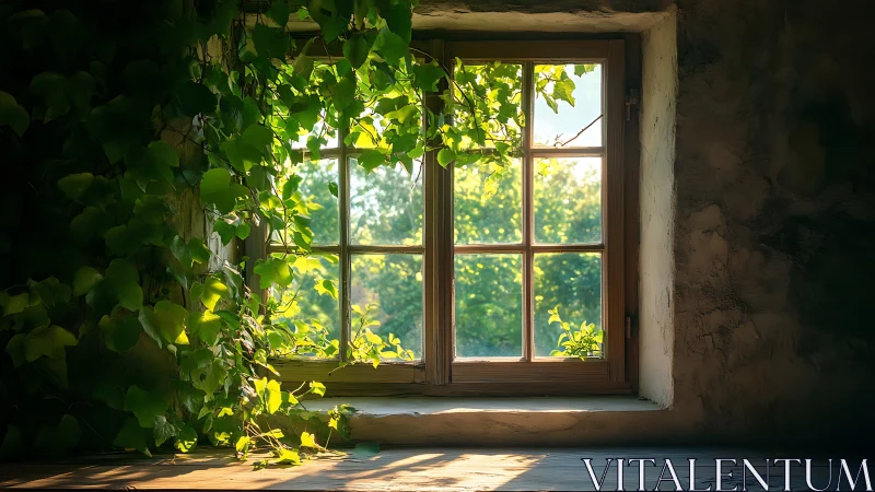 Sunlit ivy-framed cottage window captures tranquil greenery