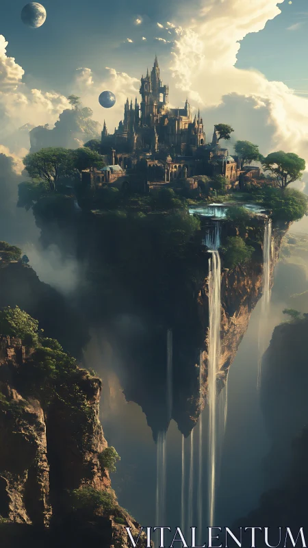 Floating citadel above clouds with cascading skyward waterfalls.