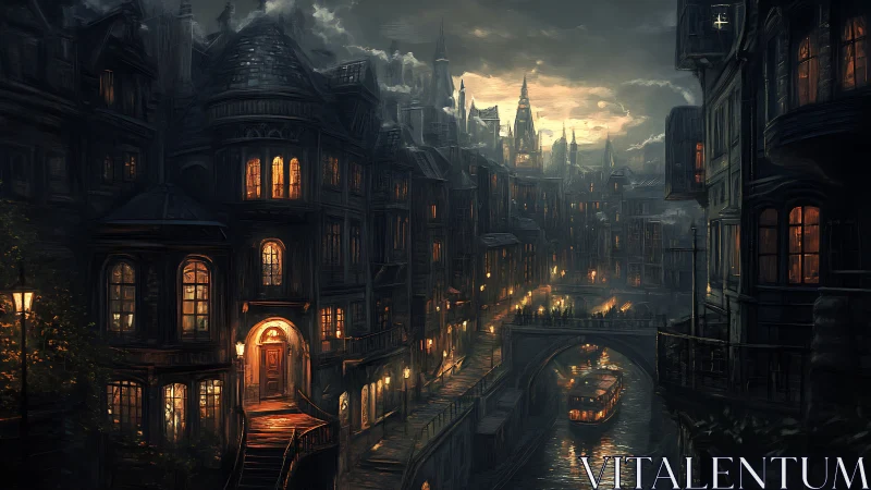 Gaslit canal cityscape renders moody neo-Victorian twilight