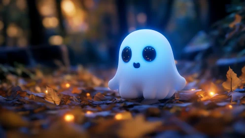 Glow-eyed chibi ghost light amid autumn leaves at dusk.