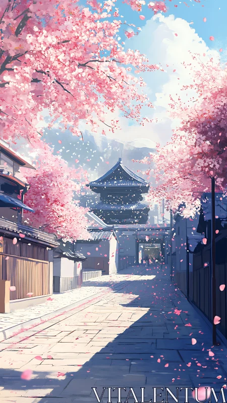 Cherry blossom lane with distant pagoda in spring light.