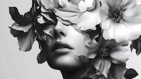 Monochrome floral visage integration with sculptural contouring.