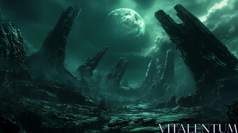 Alien canyon encircles glowing green planet under storm clouds