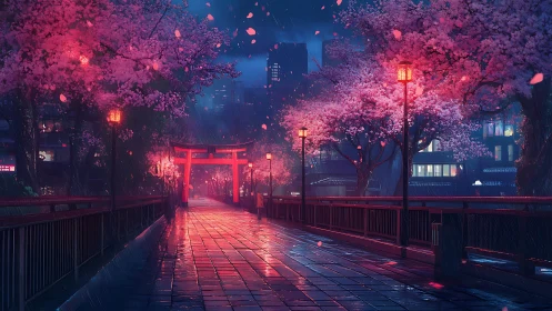 Nocturnal torii bridge under rainlit neon sakura canopy.