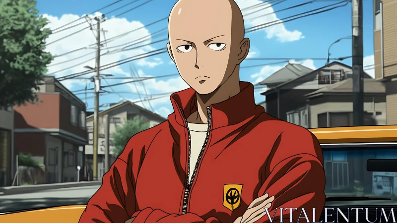 Stoic bald anime character in red jacket on city street.