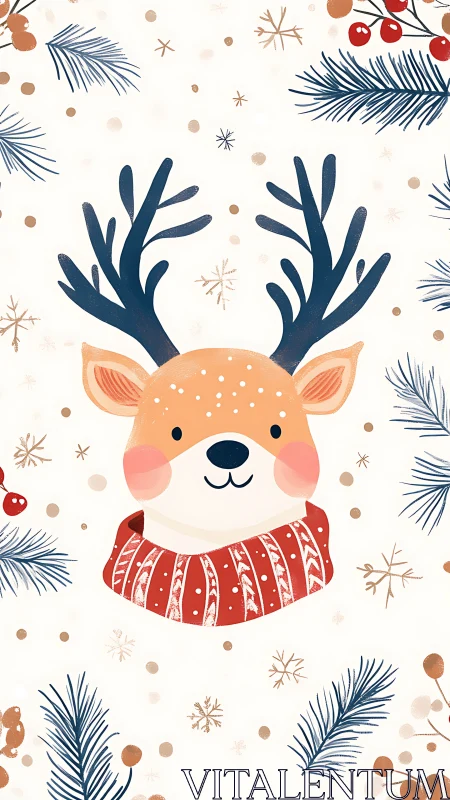 Vector-style winter reindeer portrait with stylized botanicals.