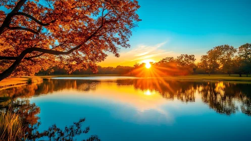 Sunset over calm lake with autumn trees and reflections.