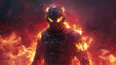 Inferno-clad soldier strides calmly through blooming flame