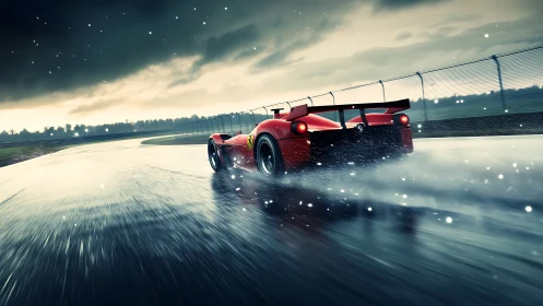 Red race car powers through wet track in dramatic storm light.