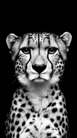 Monochrome cheetah portrait centered against black void.