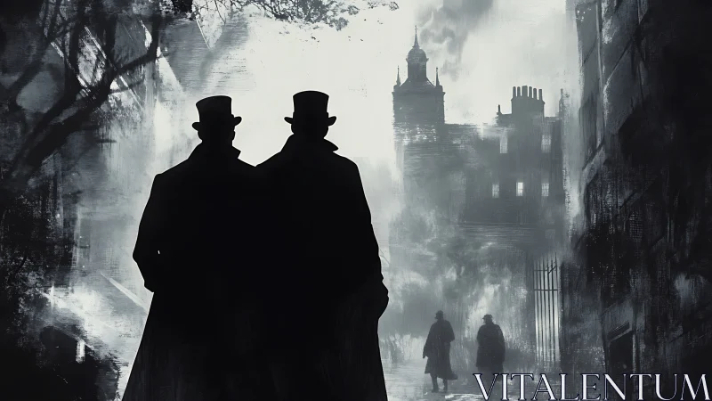 Victorian silhouettes walk through foggy noir city street
