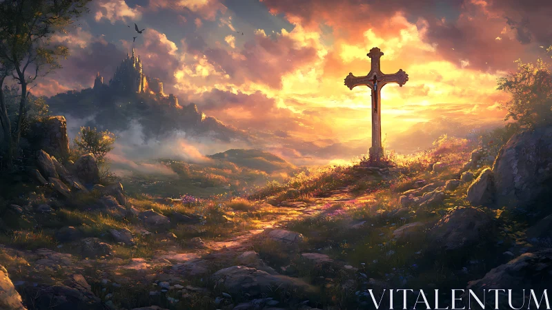 Sunlit stone cross on hill overlooking distant mountain citadel