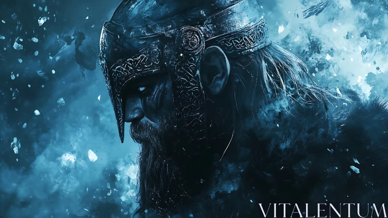 Viking warrior profile in icy blue digital battlefield.