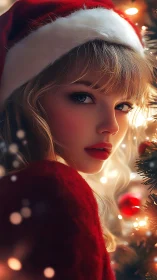 Female figure in red Santa hat beside lit tree at night.