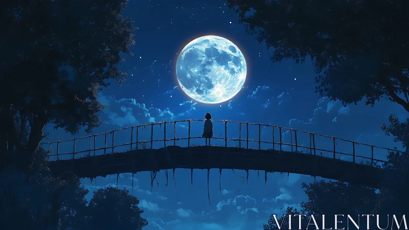 Silhouetted figure on rope bridge under large full moon.