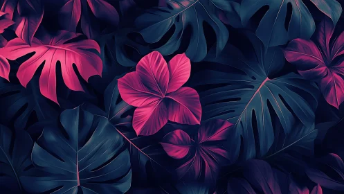 Neon-accent tropical foliage rendered with high-contrast chromatic lighting