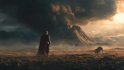 Caped warrior studies eruptive mountain under storm-wracked sky