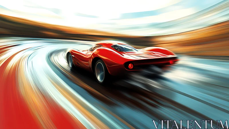 Crimson racer carving light through a dreamlike speedway.