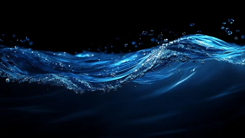 Luminous blue water wave flowing through dark void.