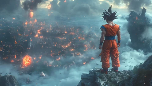 Heroic warrior gazes over a burning city in stormy skies