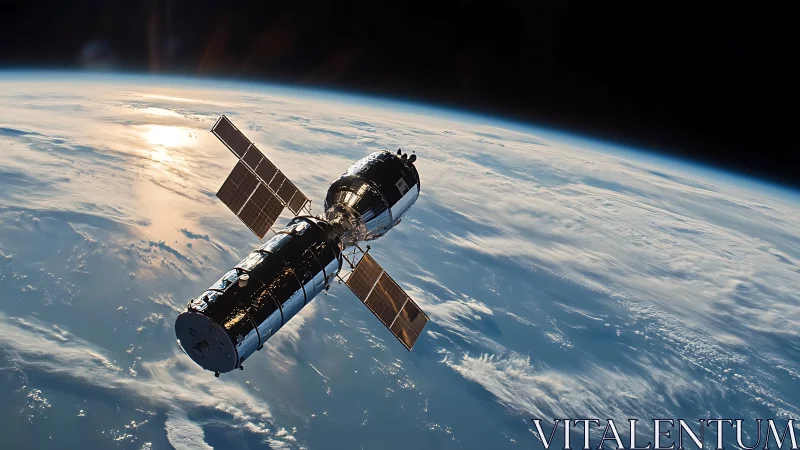 Satellite orbits above curved Earth with solar arrays extended