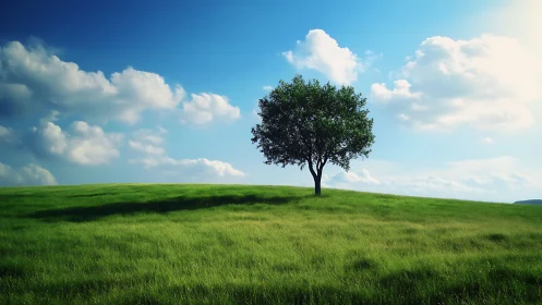 Lone tree on green hill under blue sky with fluffy clouds, natural style.