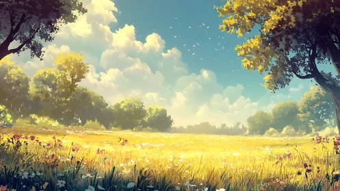 Sunlit wildflower meadow under cumulus-laden summer sky.