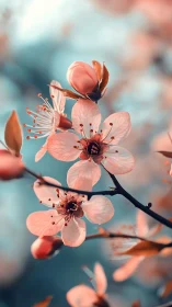 Coral Cherry Blossom Cluster with Backlit Petals and Reproductive Structure
